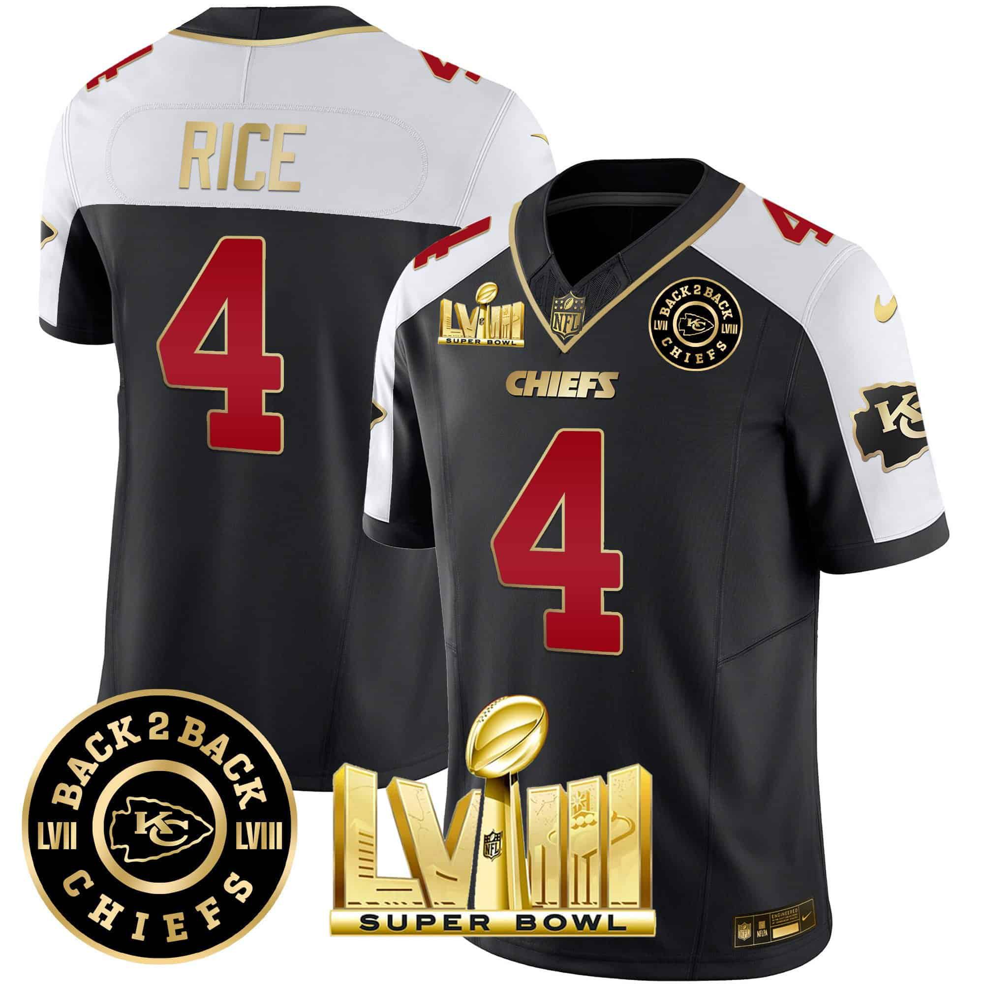 Men Kansas City Chiefs 4 Rice Black 2024 Nike Super Bowl LVIII & Back 2 Back Patch Vapor NFL Jersey